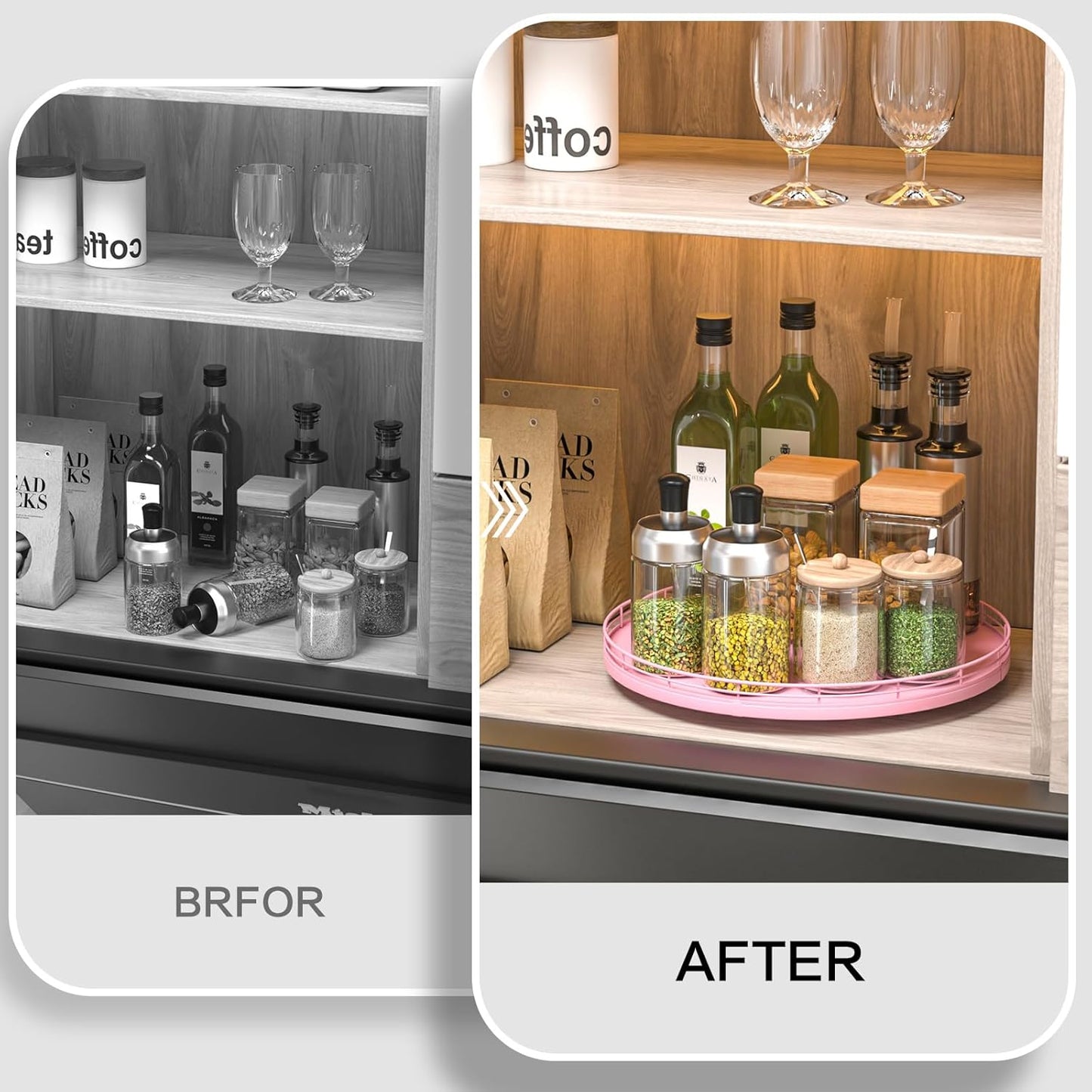 13" Oak Wood Lazy Susan Organizer, Lazy Susan for Cabinet Dining Table Pantry Wood Turntable Organizer Tray for Coffee Table Kitchen Countertop Spinning Spice Can Organization and Storage Round Pink