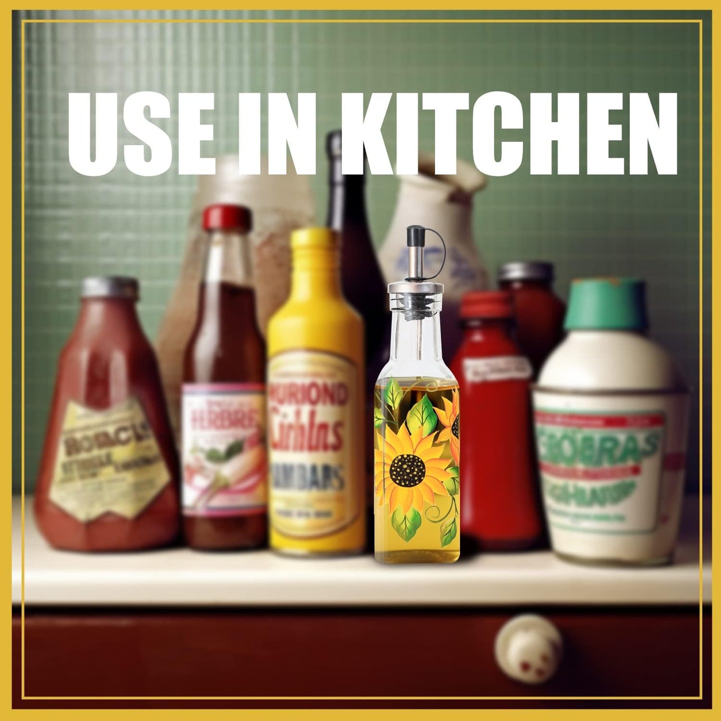 7oz Hand Painted Glass Olive Oil Bottle Dispenser - 200ml Green Oil & Vinegar Cruet with Pourers - Olive Oil Carafe Decanter for Kitchen (Sunflower)