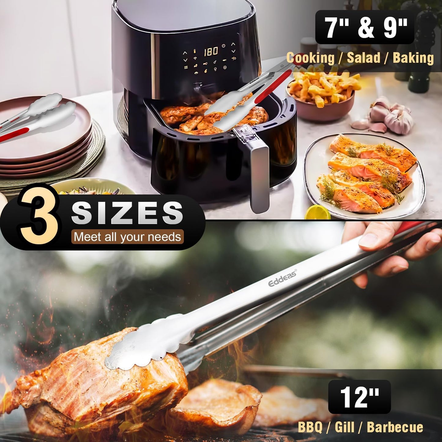 Tongs For Cooking - 7",9" and 12 inch Kitchen Tong Heat Resistant 600 Degrees Stainless Steel Tongs, Heavy Duty Metal Locking Tong, Perfect for Food, BBQ Red Set of 3