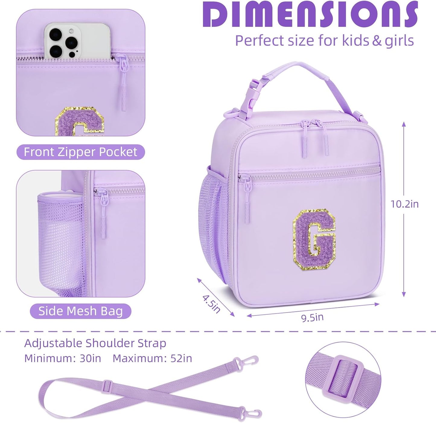 Initial Insulated Lunch Bag for Girls Kids, Back to School Gift, Reusable Leak-proof Lunch Box with Adjustable Strap for School Daycare Travel Picnic (Purple,G)