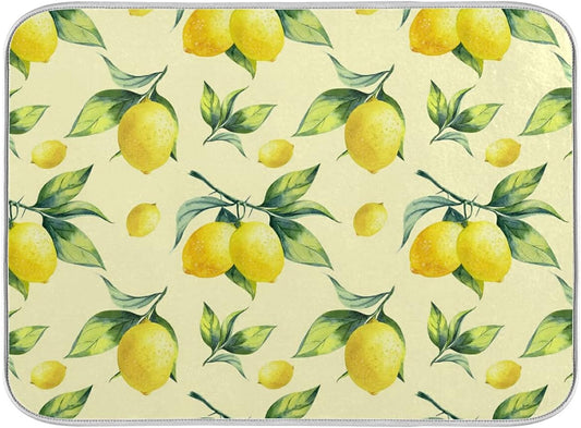 Super Absorbent Dish Drying Mat, Microfiber Fast-Drying Dish Mat, 24" x 18", Kitchen Dish Drying Pad, Vintage Yellow Lemon With Leaves