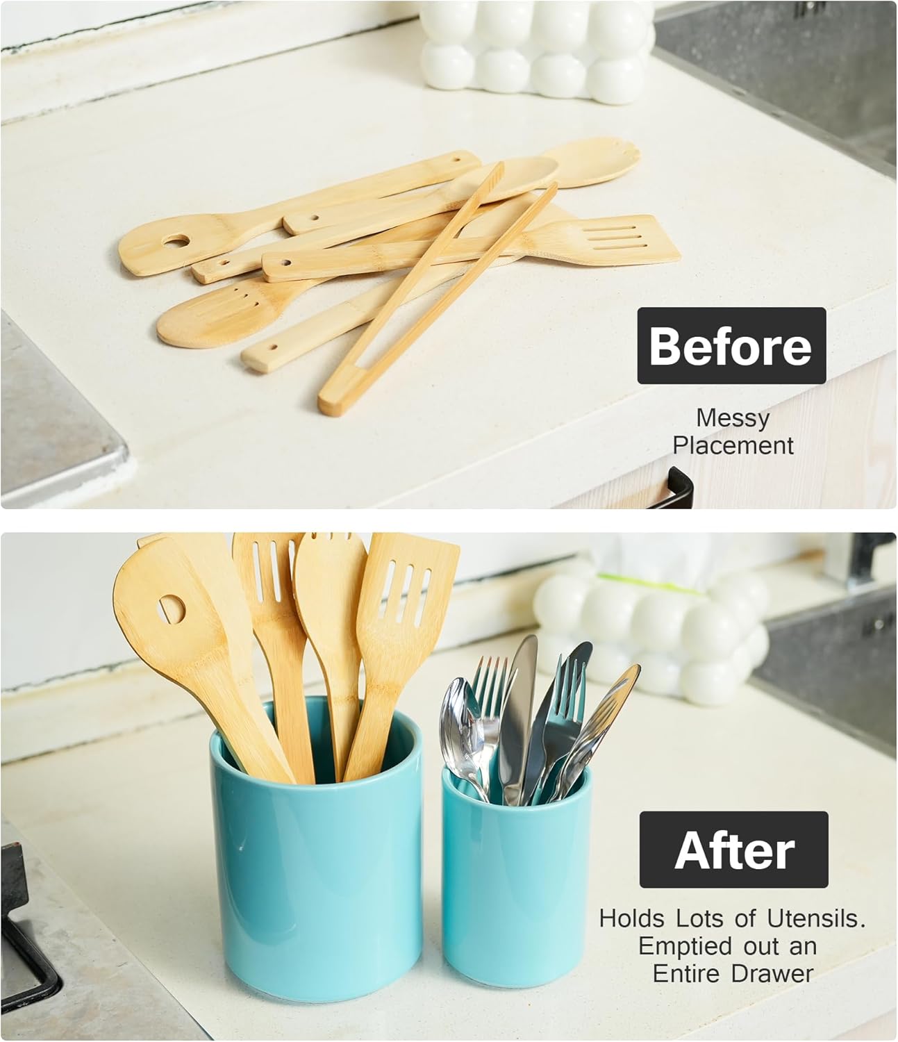 Set of 2 Utensil Holder, 7"+5" Ceramic Kitchen Utensil Holder for Countertop, Large Cooking Utensil Crocks for Counter, Morden Utensil Organizer for Spatula, Kitchen Decor (Blue)