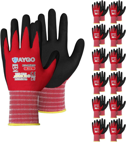 Safety Work Gloves MicroFoam Nitrile Coated-12 Pairs,KAYGO KG18NB,Seamless Knit Nylon Glove with Black Micro-Foam Nitrile Grip,Ideal for General Purpose,Automotive,Home Improvement,Red