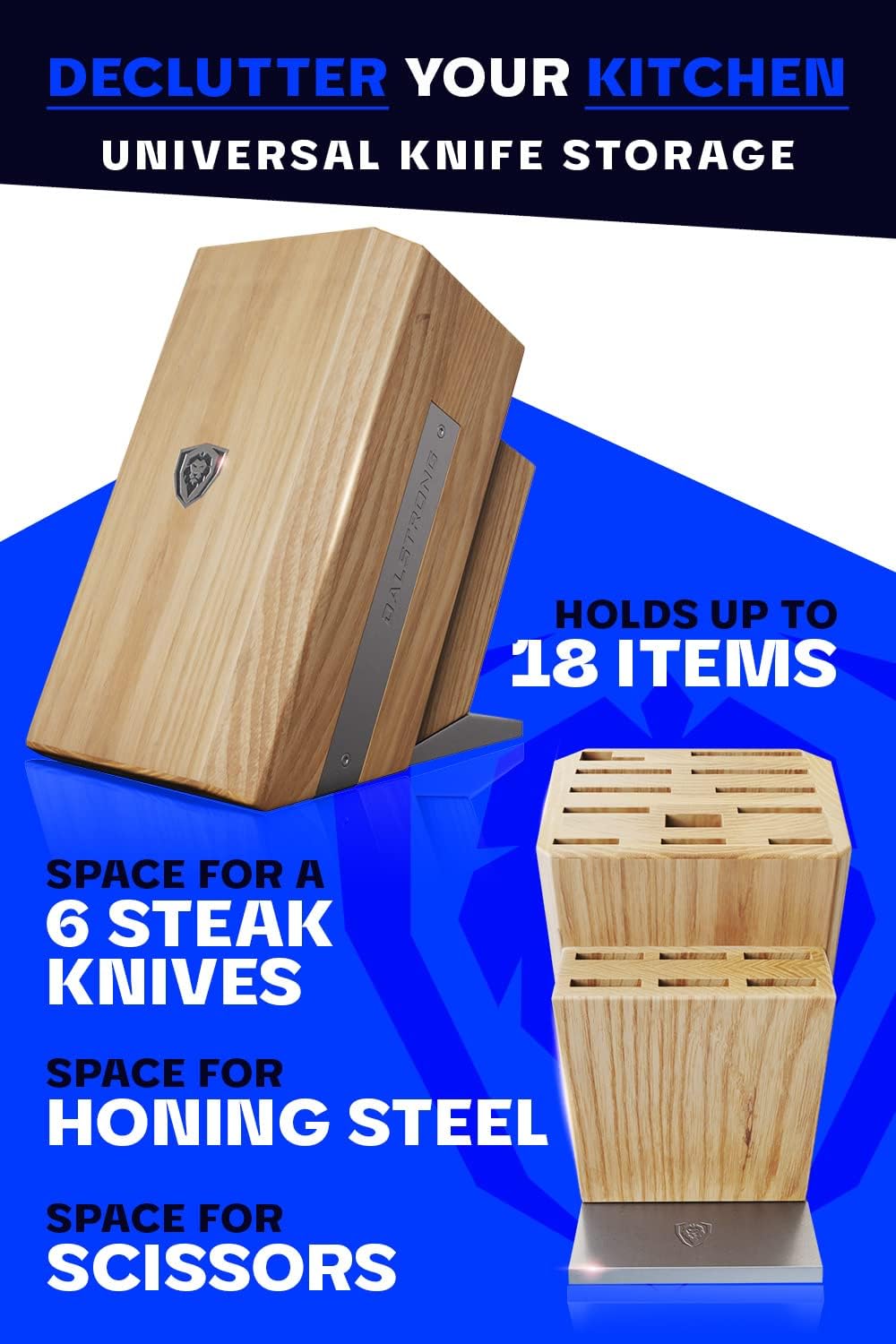 DALSTRONG Universal Knife Block - 18 Slots - Premium American Ash Wood - Aluminum Alloy Rim Kitchen Set - Lion Head Logo Badge - Premium Craftsmanship Knife Set - Angled For Ergonomics - Cleans Easily