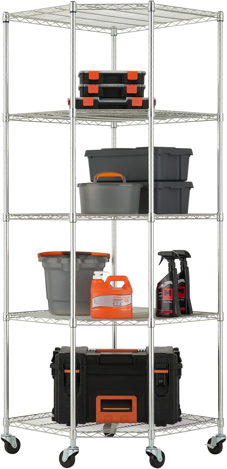 5-Tier Adjustable Wire Shelving with Wheels, Corner Wire Shelf Rack for Kitchen Organization, Garage Storage, 400 to 2000lb Capacity, NSF Certified, 27”x27 x18”x72”, EcoStorage Chrome