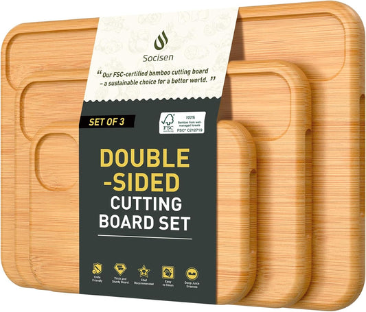 3 Packs Bamboo Cutting Board Set Non Toxic Wood Cutting Boards for Kitchen with Juice Grooves Built-in Handles, Ideal Charcuterie & Chopping for Meat Vegetables Fruits Kitchen Gift for Home Cooks