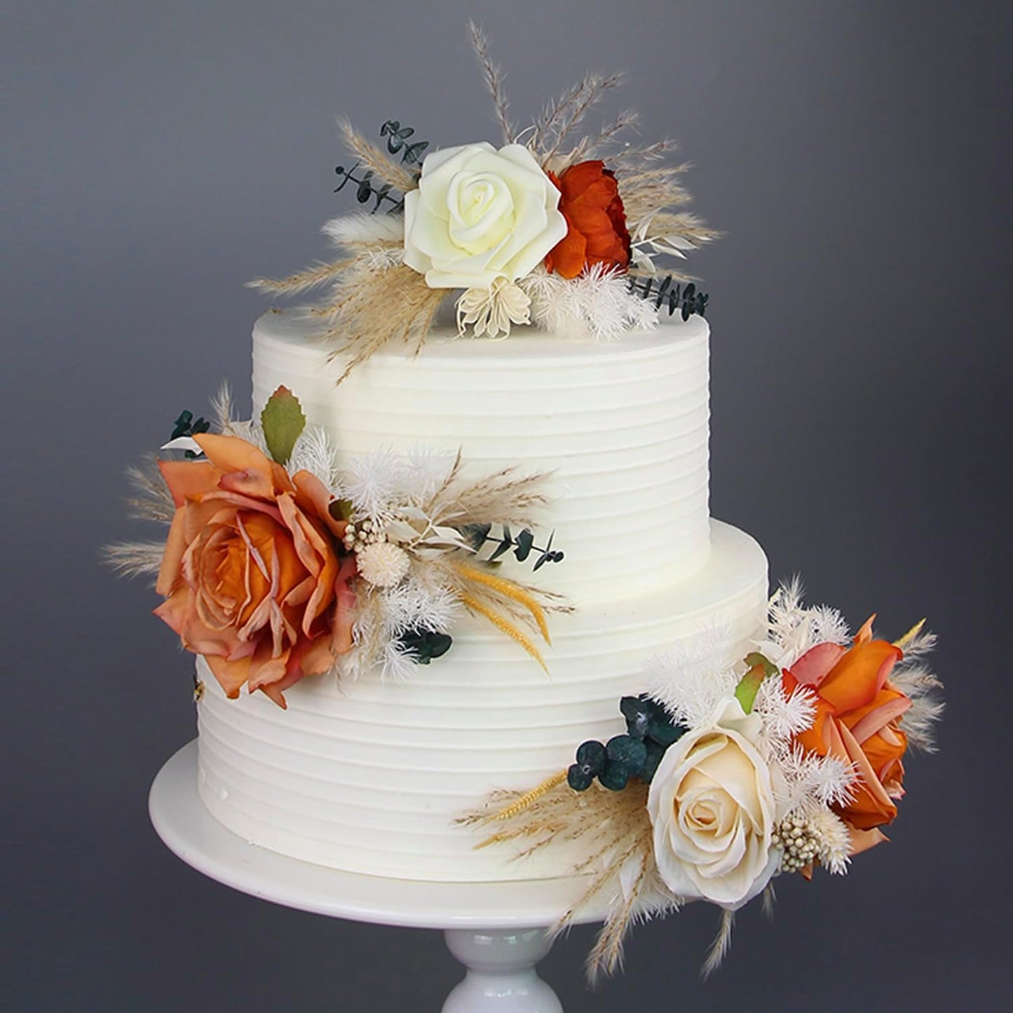 Rinlong 3-Piece Boho Chic Cake Toppers: Terracotta & Beige Silk & Dried Eucalyptus Flowers for Weddings, Birthdays, Baptisms & More