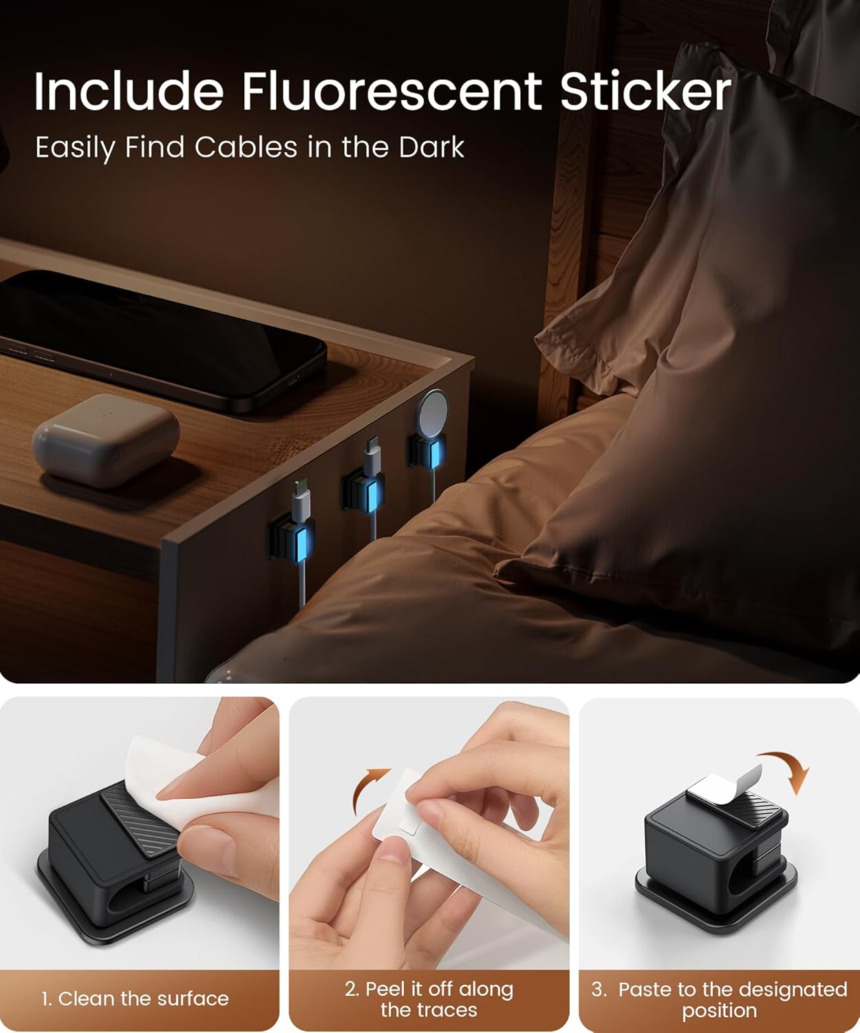 6 Pack Magnetic Cable Clips, Glow in The Dark Cable Holders, GolbinBox Cord Organizer with Shockproof Silicone, Fits up to 8mm Adhesive Cord Clips for Desk, Wall, Nightstand, Car, Home, Office, Black