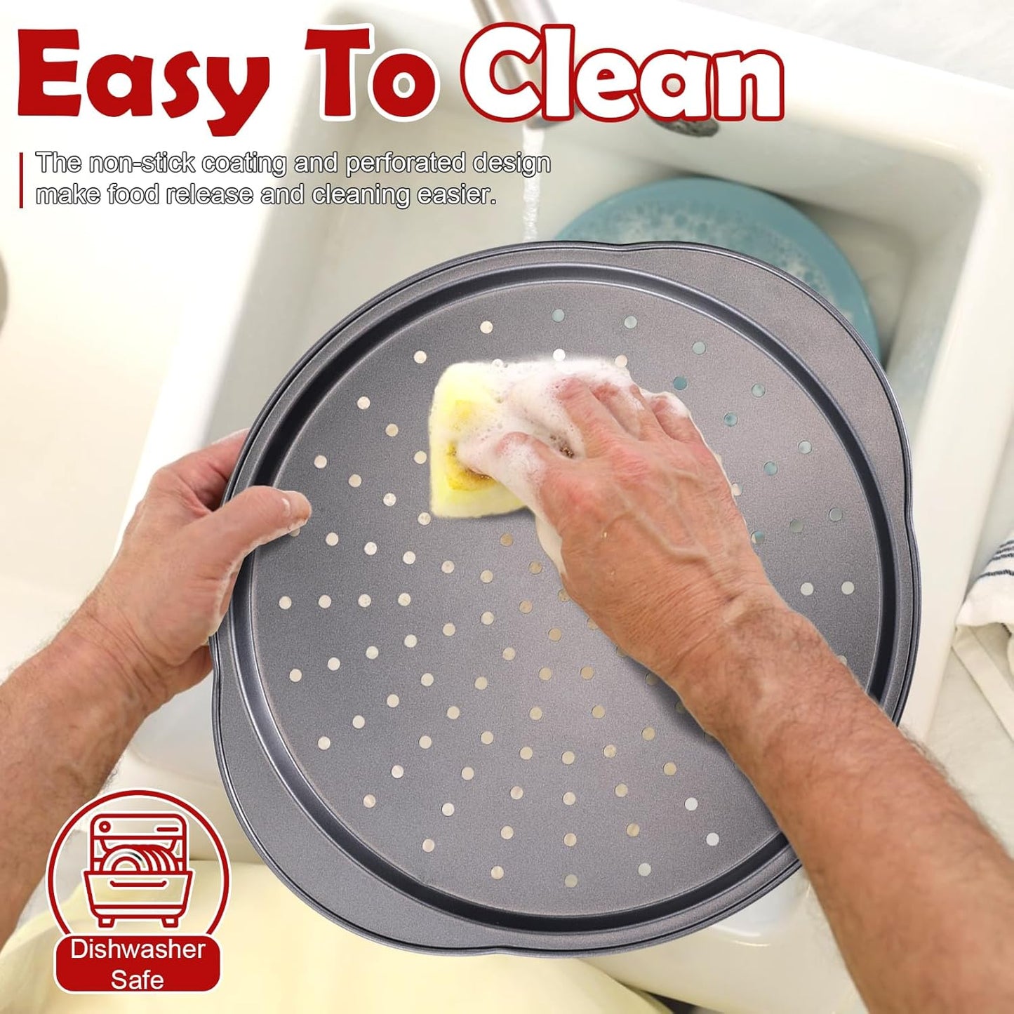 Unokit Pizza Pan for Oven - 13" 2PCS Round Carbon Steel Pizza Pan, Non-Stick Pizza Tray with Perforated Holes and Grip Handles, Dishwasher Safe, Grey