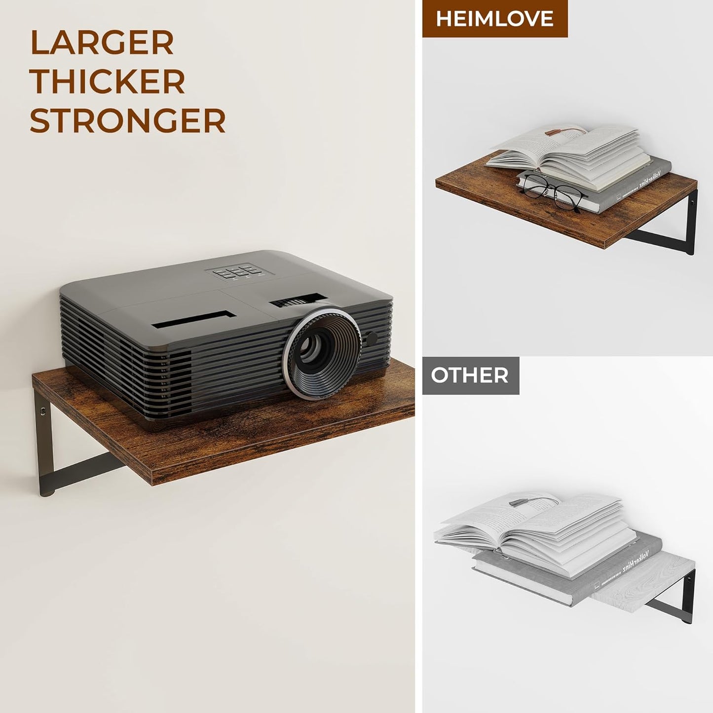 Heimlove Deep Floating Shelves for Wall, 12 Inch Deep Floating Shelves Set of 3, 16W x 12D Wood Wall Shelves, Wide Shelves with Metal Bracket for Living Room, Kitchen, Office, Bedroom - Rustic Brown