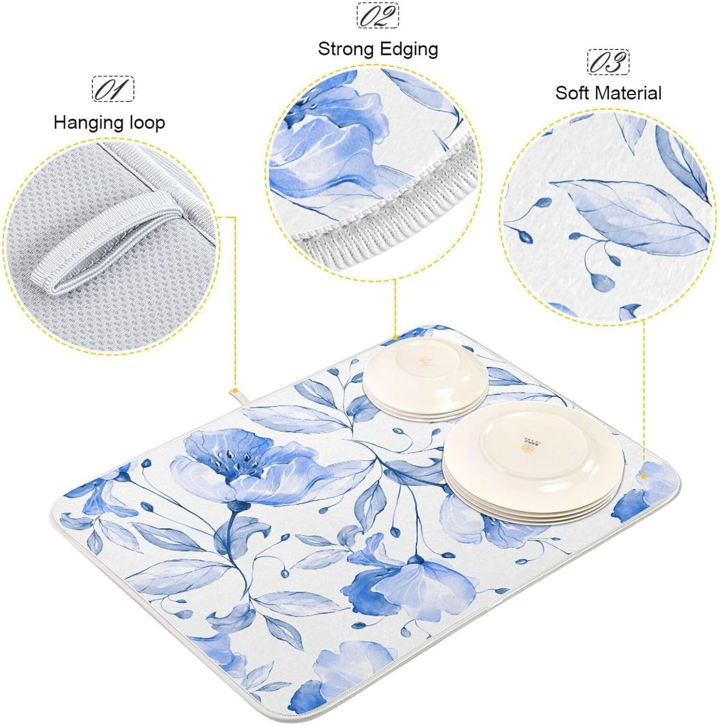 Spring Blue Flowers Leaves Dish Drying Mat for Kitchen Counter Absorbent Microfiber Drying Pad, Medium 16x18 in, Reversible Drainer Mats