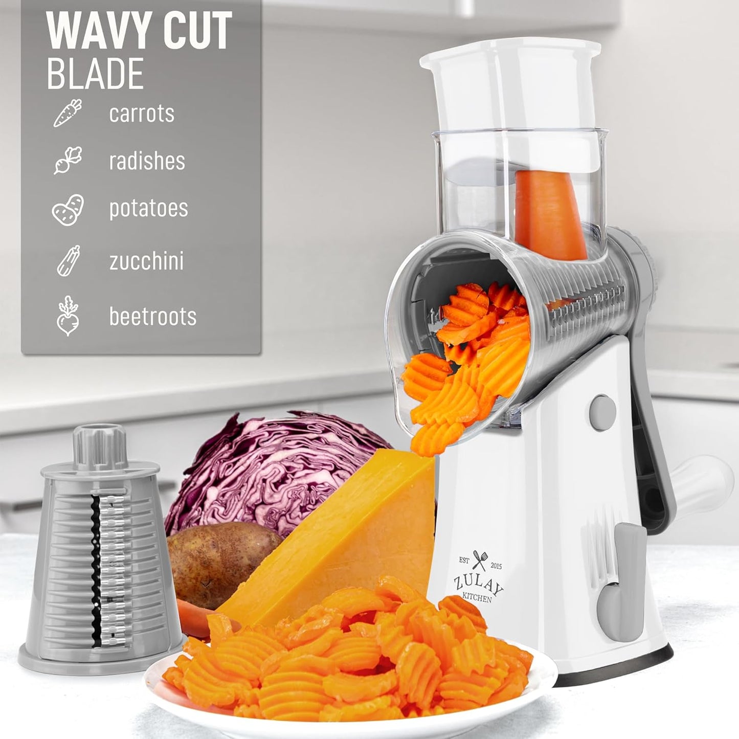 Zulay Kitchen Rotary Cheese Grater 5 Blade Cheese Shredder - Manual Hand Crank Cheese Grater With Reinforced Suction & 5 Interchangeable Drums - Easy to Use, Vegetable Chopper Round Mandoline Slicer