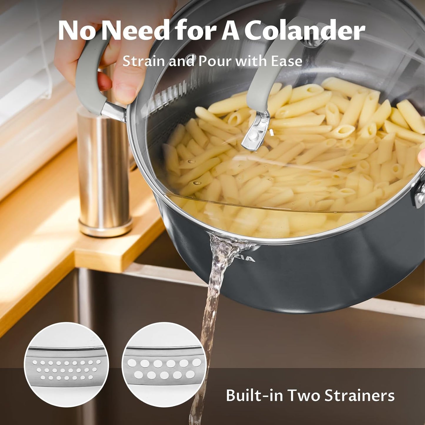 BEZIA 6 QT Cooking Pots with Lids, Soup Pot with Nonstick Ceramic Coating, Stay-Cool Handles, Nonstick Stock Pot with Strainer Lid, Dishwasher Safe, Induction Compatible