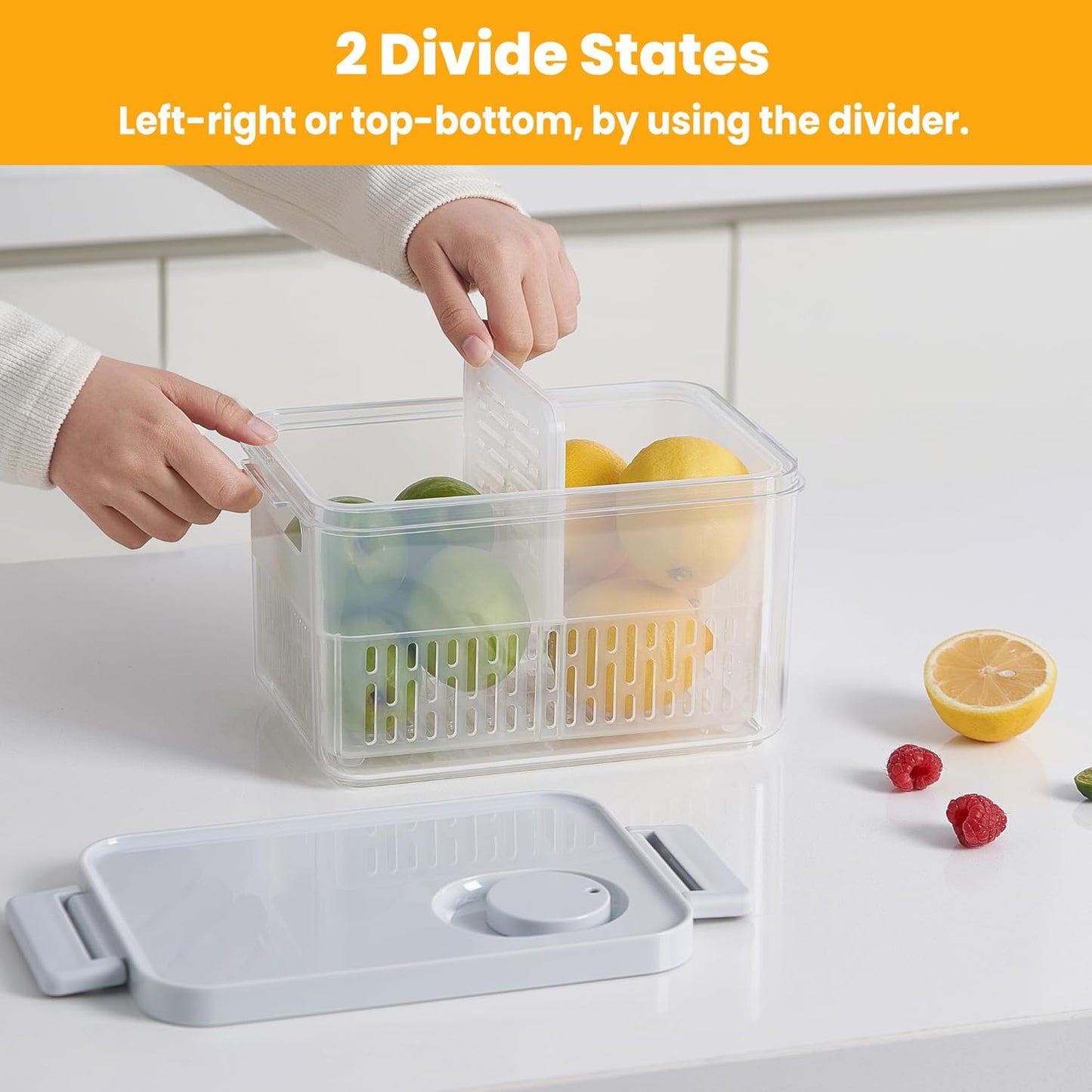 vacane 2 Pack Produce Saver with lids & Colanders, Clear Fruit Containers for Fridge Dishwasher Safe Berry Containers, BPA-Free Lettuce Keeper, Keep Vegetable Food Fresh