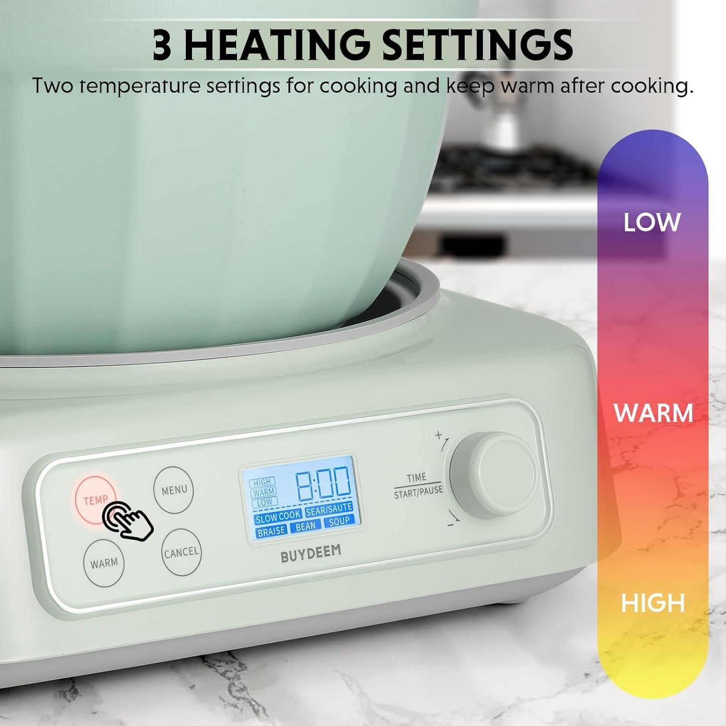 BUYDEEM LP55 5-in-1 Slow Cooker, Compatible with Various Cookwares, Multi-Cooker with Two Temperature Settings, Auto Keep Warm for 2H, Cozy Greenish, Pot Not Included