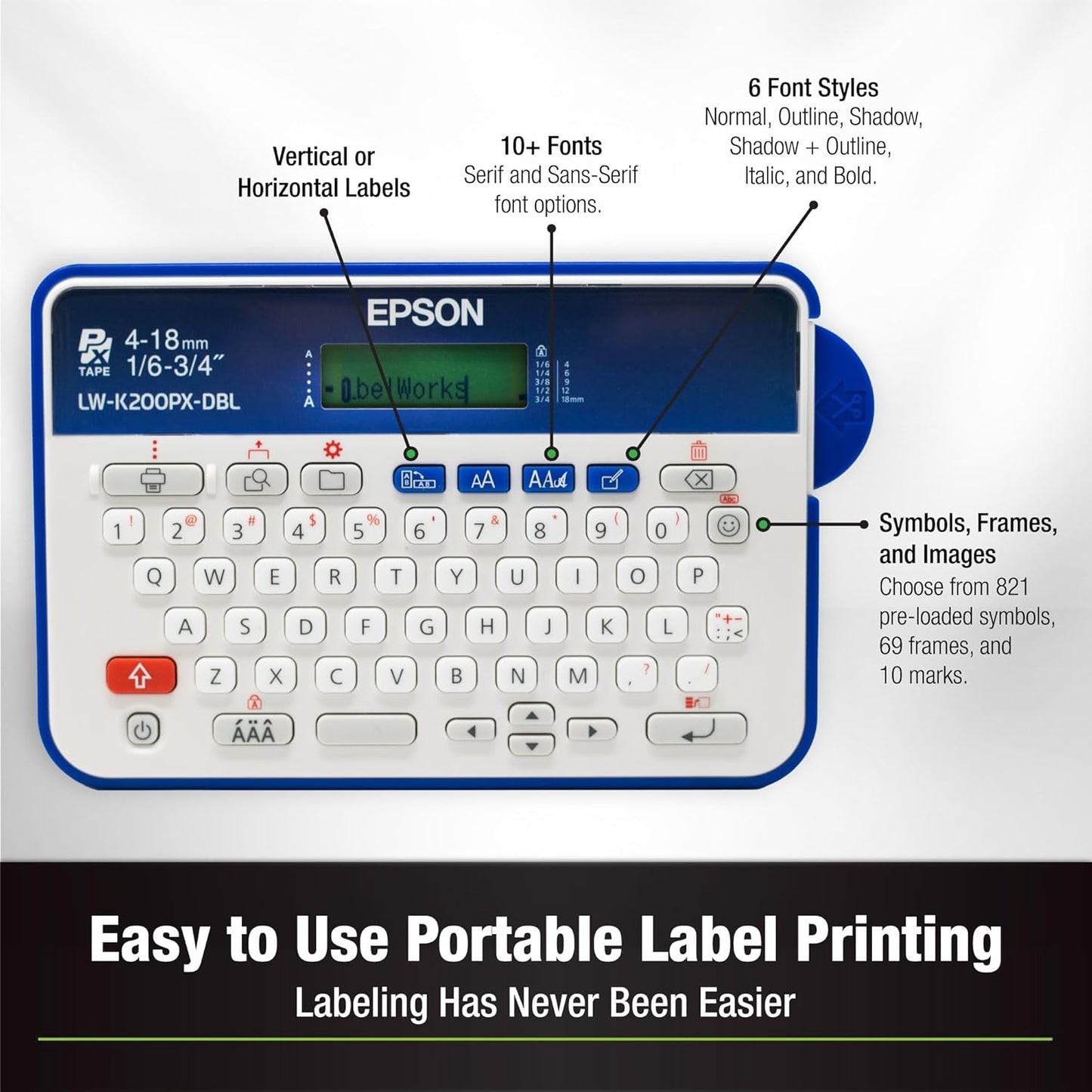 LABELWORKS Epson LW-K200PX-DBL Portable QWERTY Keyboard Label Maker for Home & Hobbies - Craft, Organize, and Personalize - Dark Blue Printer