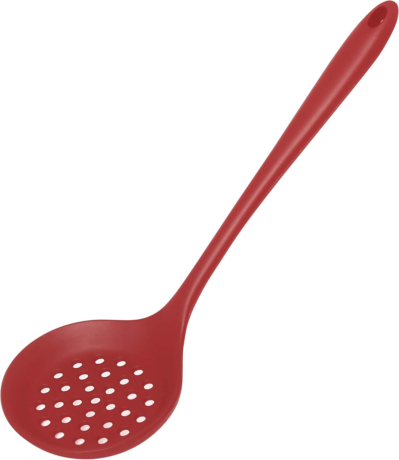 77L Slotted Spoon, Heatproof Skimmer Strainer Slotted Spoon, Seamless One-Piece Non-Stick Cooking Silicone Scoop Ladle with Ergonomic Handle for filter Vegetable, Pasta and More (Red)