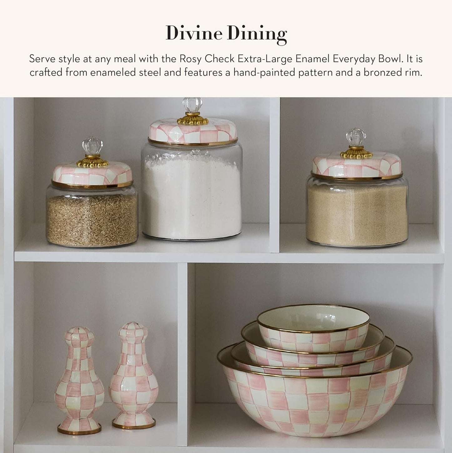 MACKENZIE-CHILDS Enamel Everyday Bowl, Serving Bowl for Entertaining, Extra-Large, Pink-and-White Rosy Check, Set of 1