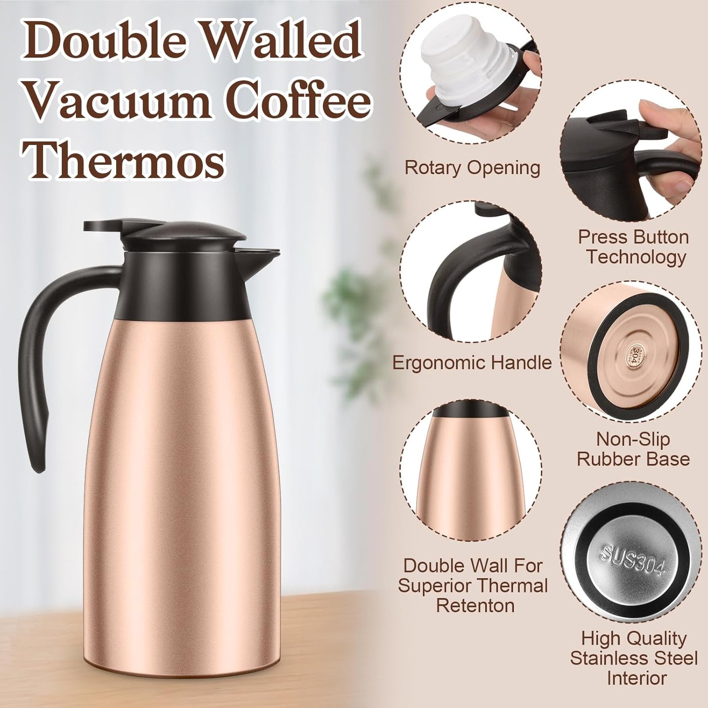 1 PCS 68 OZ Thermal Coffee Carafe, Insulated Stainless Steel Coffee Carafe Double Walled Vacuum Thermal Pot Flask with Brushes Thermos for Keeping Hot Coffee Tea Home and Office (Gold）