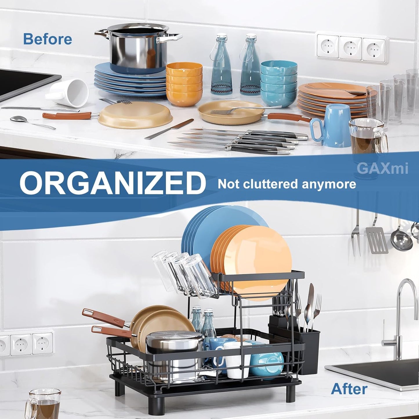 GAXmi Dish Drying Rack Over The Sink Drainer with Drainboard Utensil Holder Cup Holder, 2-Tier Black