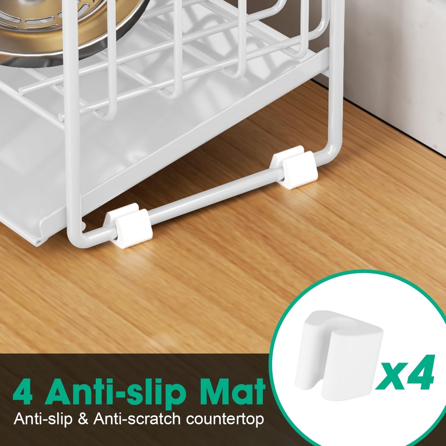 Sponge Holder for Kitchen Sink, 2 Tier Sink Caddy Organizer with High Brush Holder, Self-Draining Sponge Holder for Sinks, Soap Dispenser Organizer, Rustproof 304 Stainless Steel, White