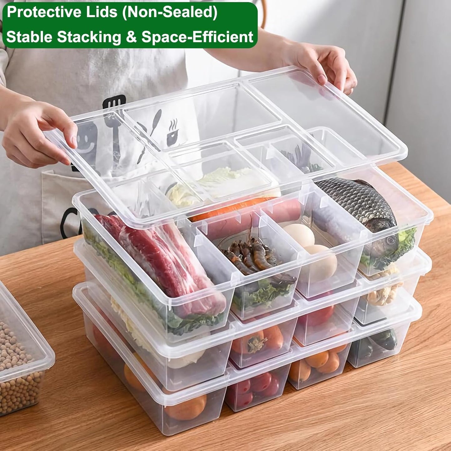Taiuloo 2 Pack Divided Veggie Tray with Lid, 5 Compartment Salad Bar Containers for Fridge, Clear Snackle Box Organizer, Plastic Food Storage for Fruit, Vegetable, Snack, Meal Prep