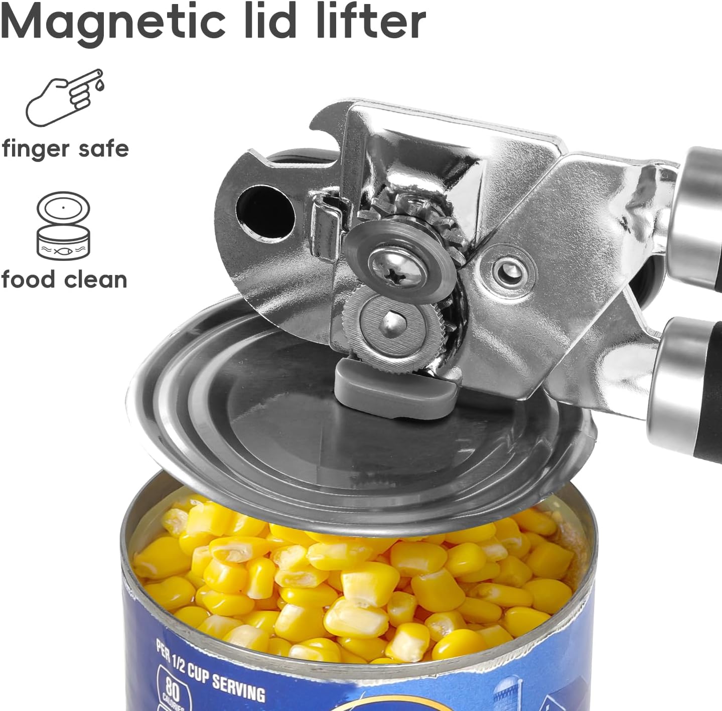 Can Opener Manual, UHIYEE Hand Held Manual Can Openers Heavy Duty with Smoother Cut Sharp Blade, Manual Hand Can Open with Soft Handle, Easy to Turn Knob, Magnetic Lid Lifter, Black