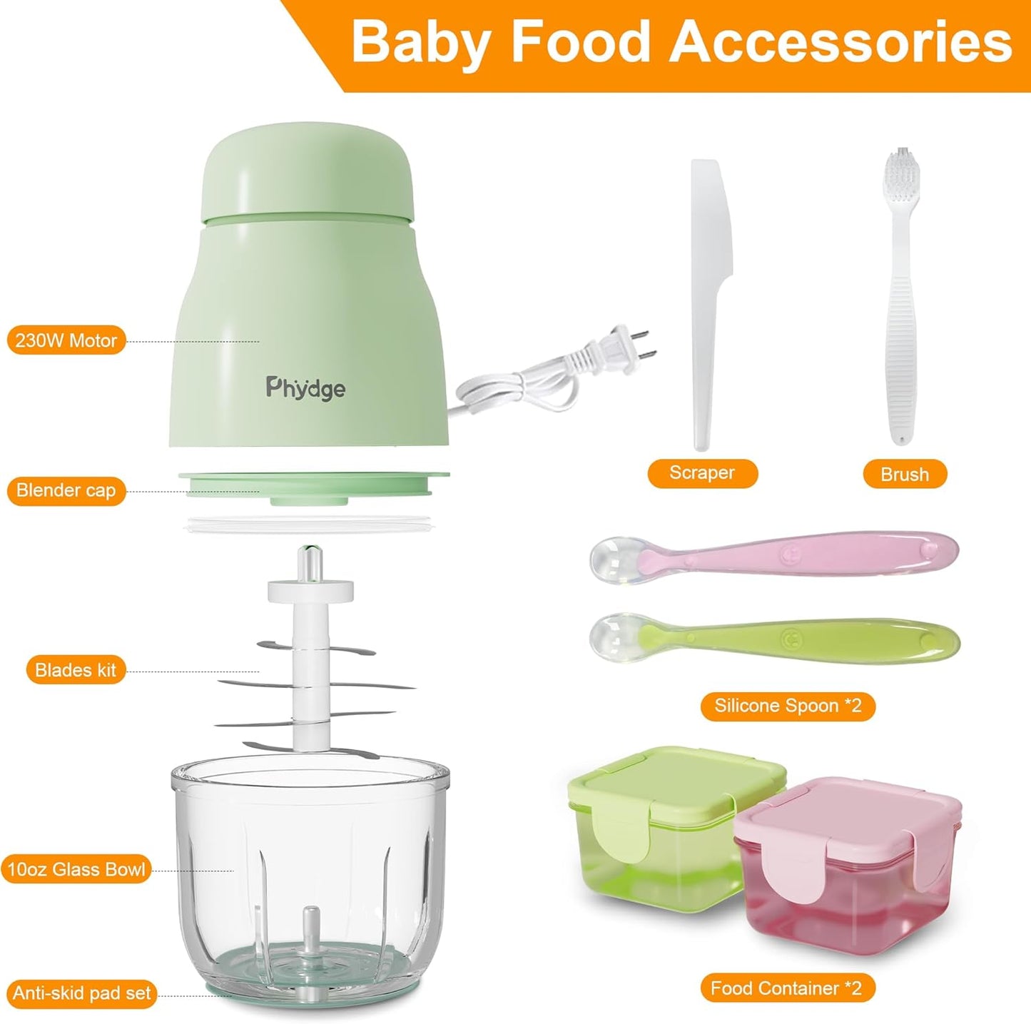 Baby Food Maker-Upgrade, Phydge Baby Food Blender with Baby Food Containers, Silicone Spoons, Easy to Clean, 10oz Baby Food Processor for Fruit, Vegetable, Meat