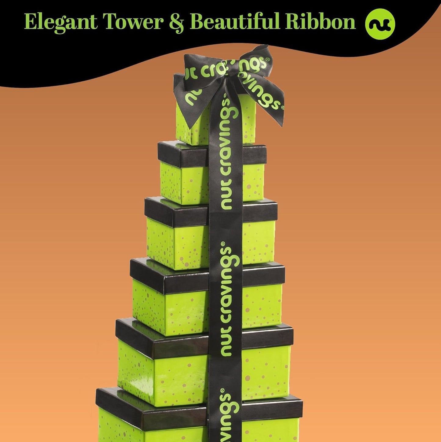 NUT CRAVINGS - Dried Fruit & Mixed Nuts Gift Basket Green Tower + Ribbon (12 Assortments) Food Arrangement, Healthy Snack Care Package, Food Assortments