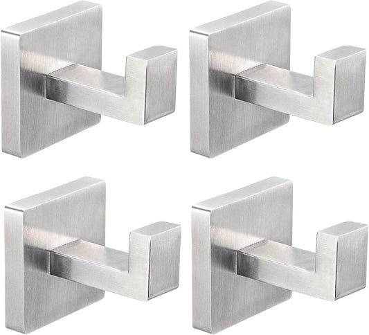 IBosins 4 Pack Towel Hooks Hand Towel Holder for Bathroom Wall Livingroom Bedroom Kitchen Closet Heavy Duty Stainless Steel Hook Hanger for Robe, Bath Towel, Coat (Square Brushed Silver)
