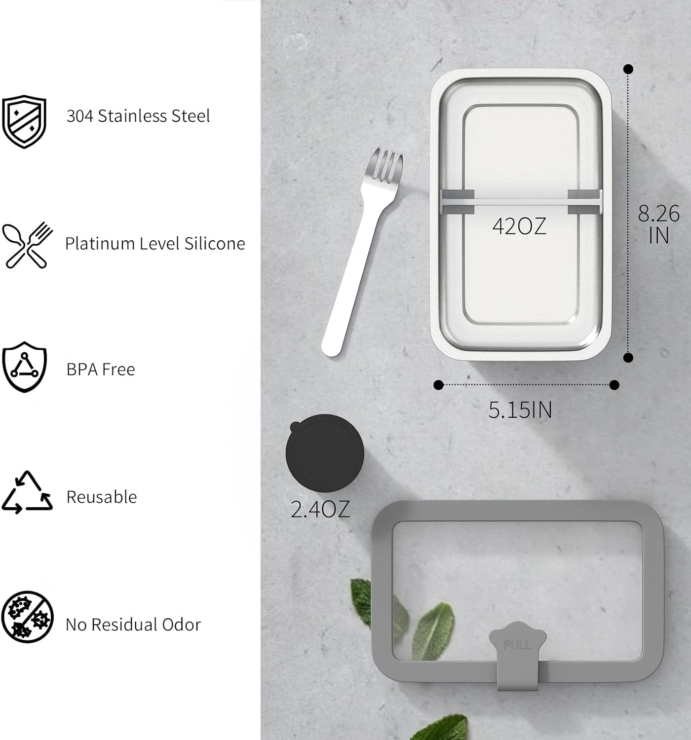 Stainless Steel Bento Box for Adult, 42oz Leak-Proof Lunch Box Containers with Adjustable Divider, Microwave-Safe, Metal Lunchbox with Glass Lid for Work Travel, Silver