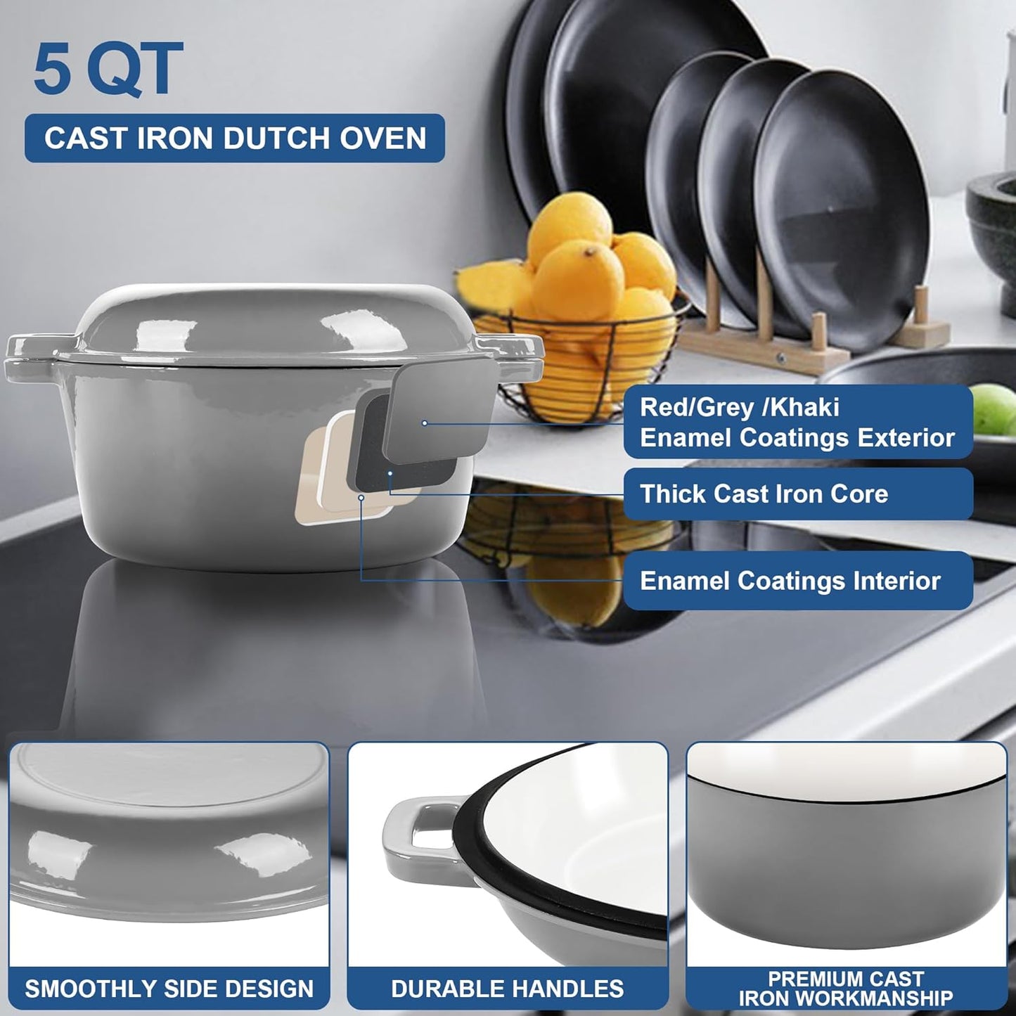 E-far 5 Quart Enameled Cast Iron Dutch Oven, 2 in 1 Dutch Oven Pot with Skillet Lid and Silicone Bread Sling, Ideal for Bread Baking, Cooking, Stewing, Frying, Induction & Oven Safe - Grey