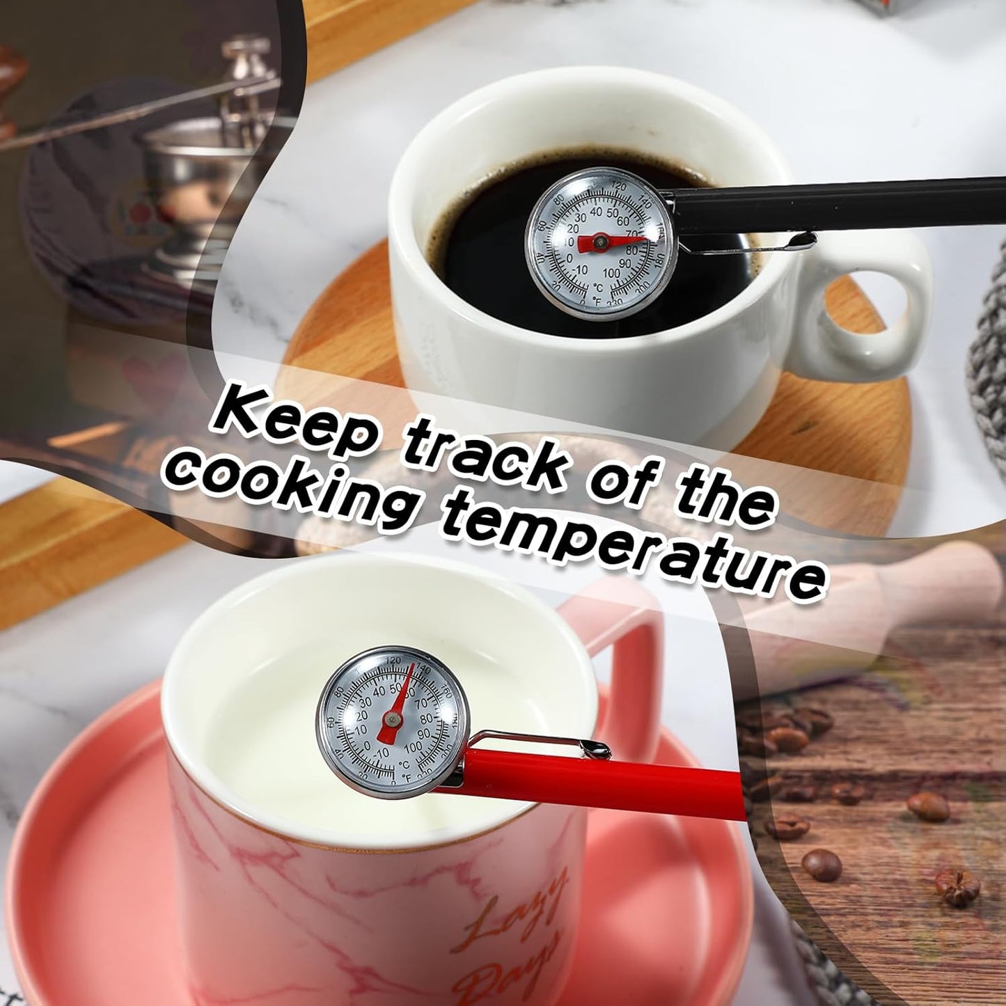 Xuhal 6 Pcs Stainless Steel Kitchen Thermometer with 5 Inch Long Stem 1 Inch Dial Thermometer Milk Frothing Food for Oven Probe Meat Grill BBQ Cooking Chocolate Water(Black, Red, White)