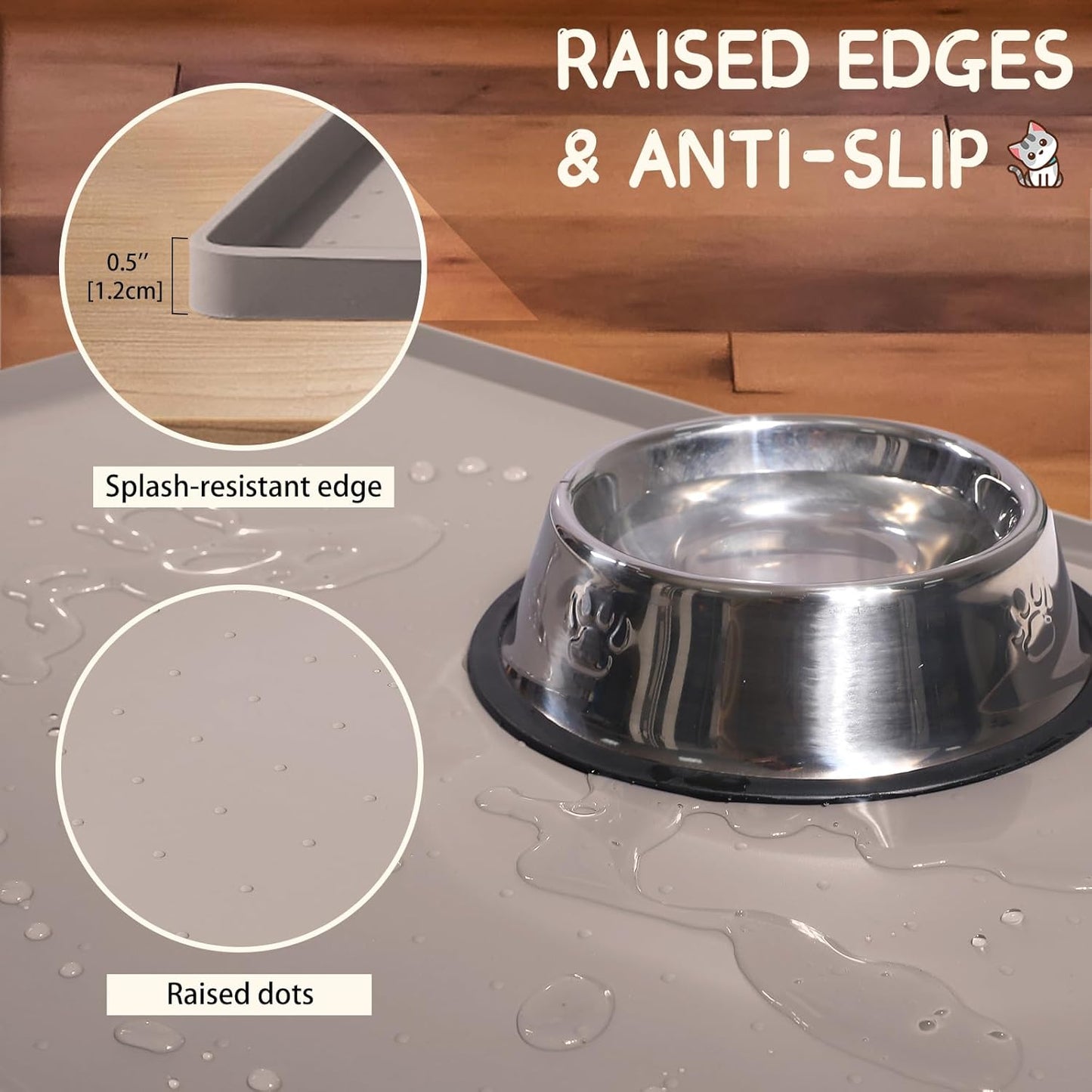 MateeyLife Silicone Cat & Dog Food Mat for Floors Waterproof, Anti-Slip Dog Bowl Mats for Food and Water, Pet Feeding Mats with Lip to Prevent Spills, Pet Placemat for Messy Drinkers to Protect Floors