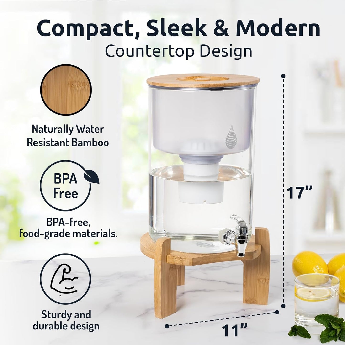 pH Recharge Glass Alkaline Water Filter Dispenser - Countertop Water Filter System - Purifier Pitcher for Home and Office - High pH Pure Drinking Water Filtration - 8.5L/2.25 Gal