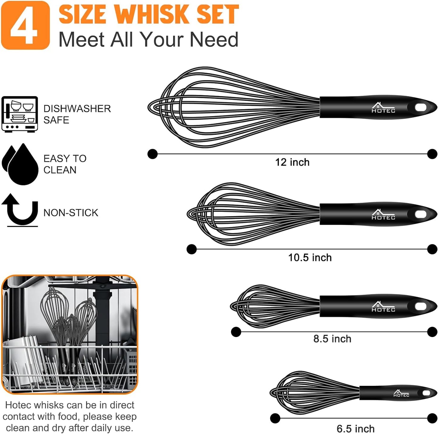 HOTEC 4 Pieces Silicone Whisks Set, Wire Balloon Whisks Egg Beater, Non-slip Handle Whisk for Non-stick Cookware Perfect for Cooking, Stirring, Beating and Blending (Black)
