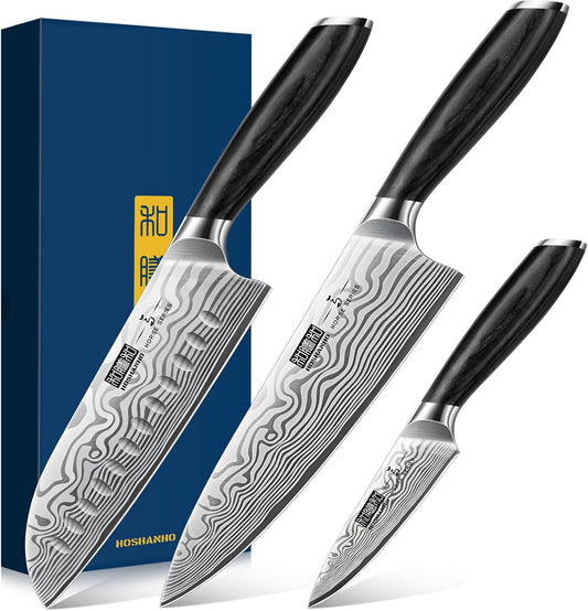 3 Pieces Knife Set, Professional High Carbon Powder Steel Kitchen Knife Set, Ultra Sharp Knives Set for Kitchen with Elegant Gift Box