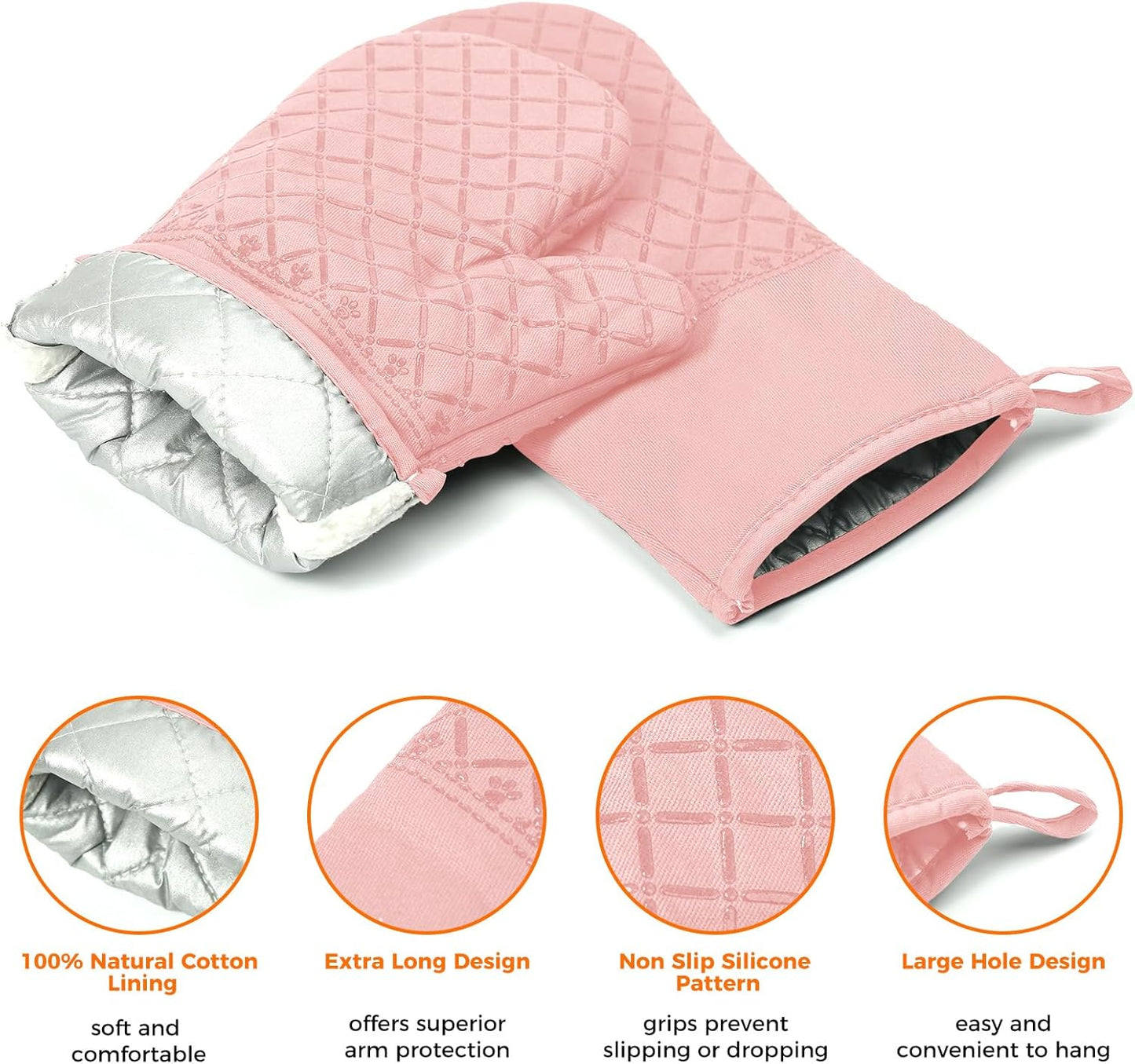 2 Pcs Oven Mitts for Kitchen Heat Resistant Oven Gloves, Soft Cotton Lining, Anti-Slip Silicone Stripe Oven Mitts Heat Resistant Oven Mits, Kitchen Mitt Pair Protect Hands, Cooking Baking Gloves Pink