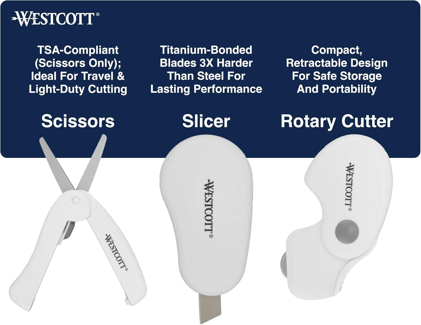 Westcott Titanium-Bonded Mini 3-Piece Travel Set - Folding Scissors for Fabric and Paper, Slicer & Rotary Cutter for Fabric