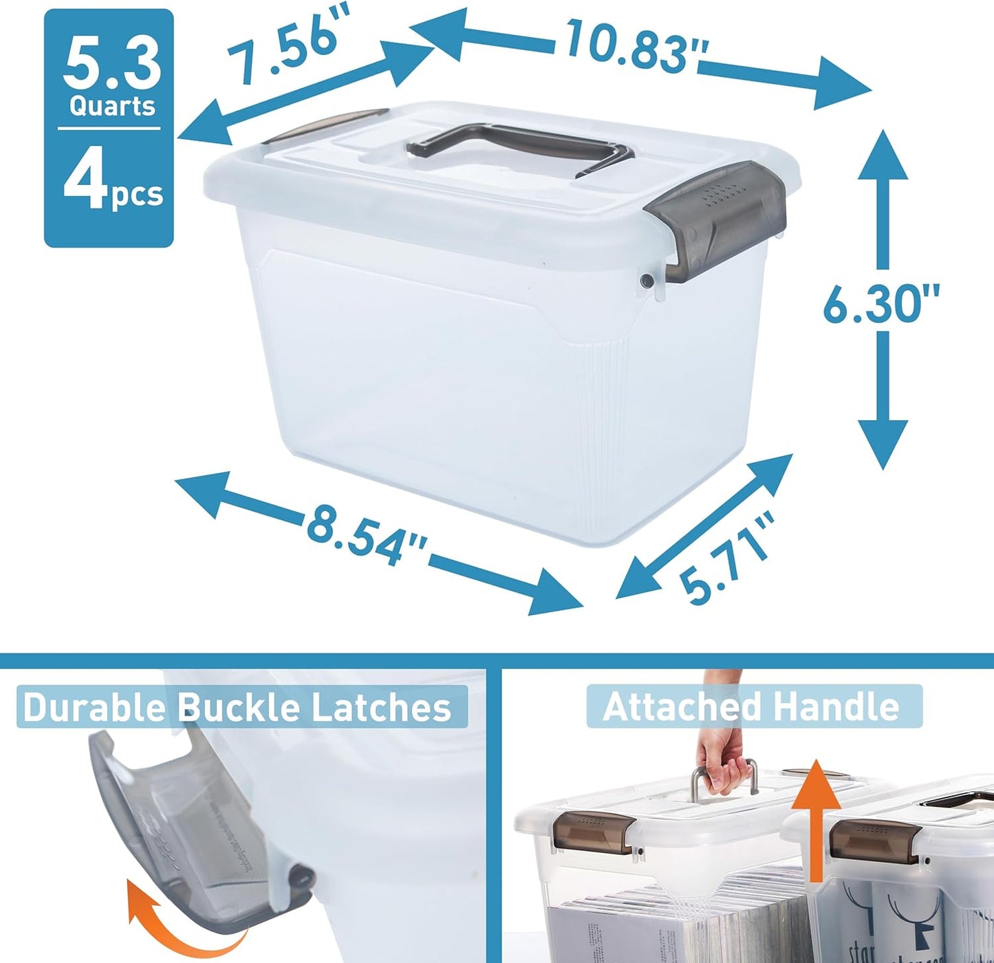 Citylife 4 Packs 6 QT Storage Bins with Lids Clear Plastic Bins with Grey Handle Stackable Storage Containers for Organizing