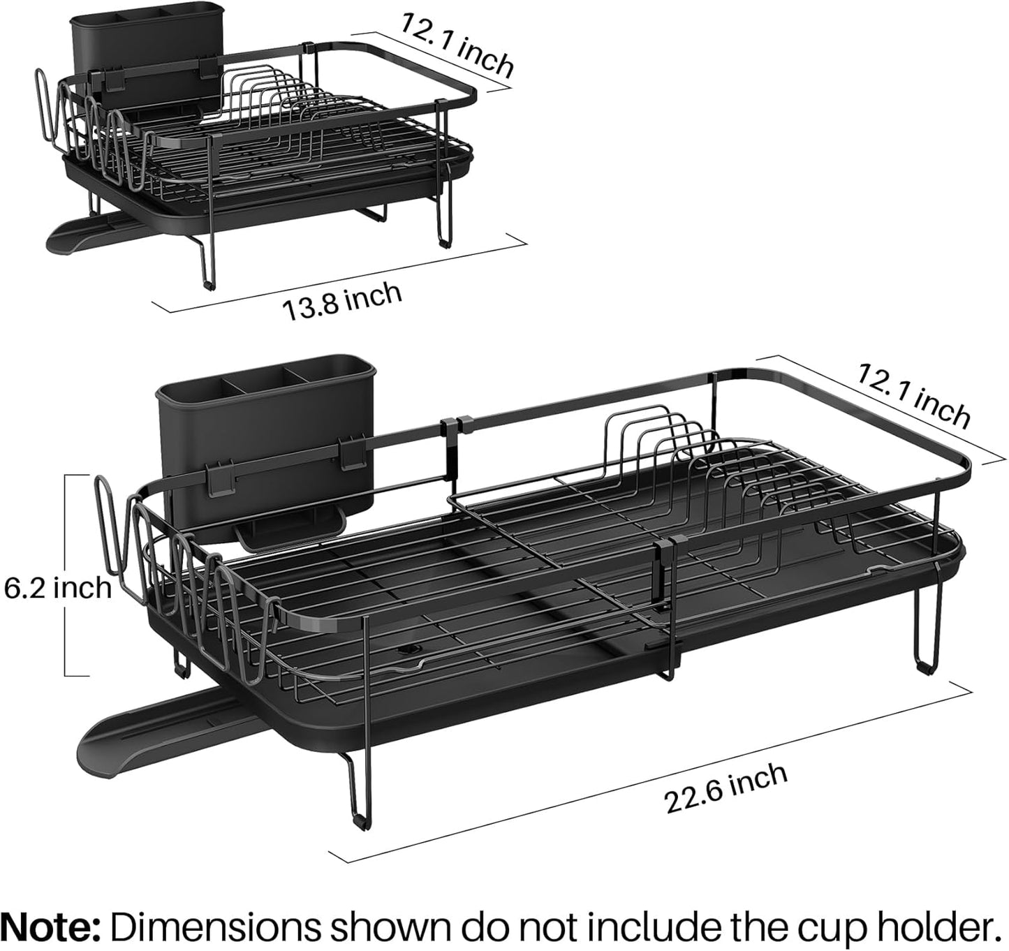 SNTD Dish Drying Rack, Expandable Dish Rack for Kitchen Counter, Metal Dish Drainer with Utensil & Cup Holder 13.8"-22.6" L x 12.1" W (Black)
