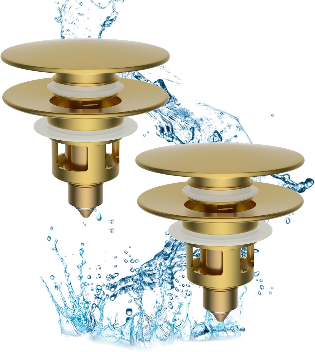 Hibbent 2 Pack All Metal Bathroom Sink Stopper, Universal Pop Up Drain Strainer, Brass Bullet Core Push Type Sink Stopper for 1.1''~2.3'' Basin, Big Push Button, Anti Clogging Filter, Brushed Gold