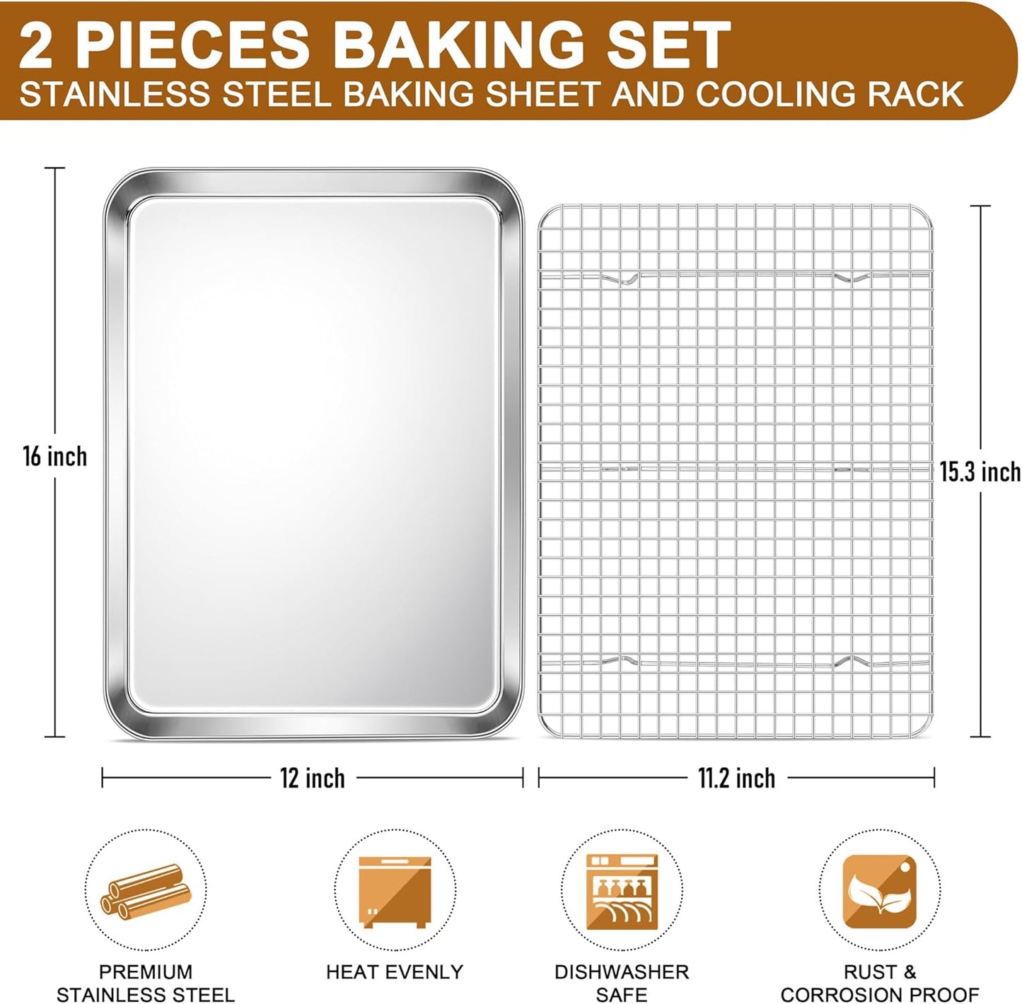E-far Stainless Steel Baking Sheet with Wire Rack Set, 16” x 12” Cookie Sheet Baking Pan for Oven, Rimmed Large Metal Tray with Cooling Rack for Cooking Roasting, Non-Toxic & Dishwasher Safe