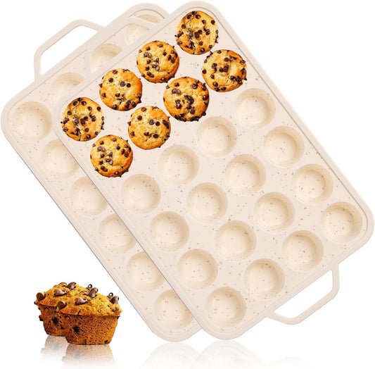 Silicone Mini Muffin Pan, 24 Cups Muffin Tin Baking Mold With Reinforced Stainless Steel Frame Inside, Nonstick Bakeware Cupcake Pan BPA Free, 2PCS