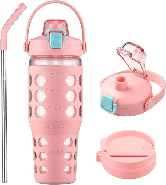 MUKOKO 32 oz Glass Tumbler with Straw,Glass Water Bottles with Time Marker,Iced Coffee Cup with 2 Lids-Handle Spout Lid&Straw Lid,Silicone Sleeve,Leakproof,1 Pack-Pink