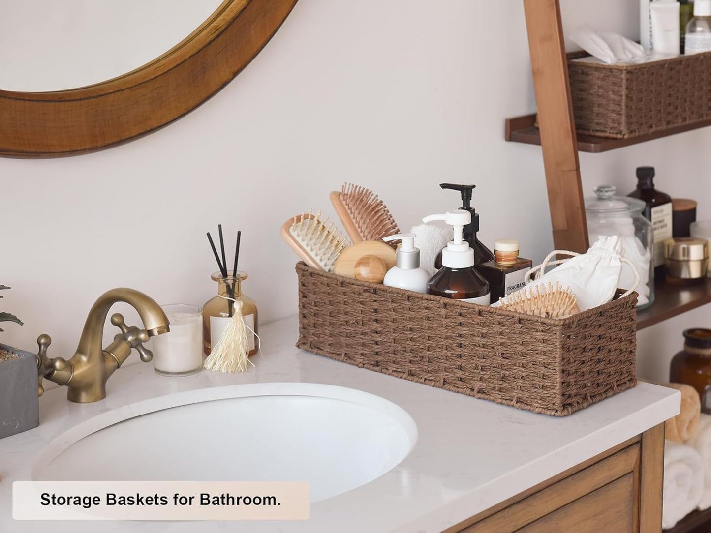 StorageWorks Round Paper Rope Toilet Tank Topper Basket, Wicker Basket for Bathroom, Brown, 2-Pack