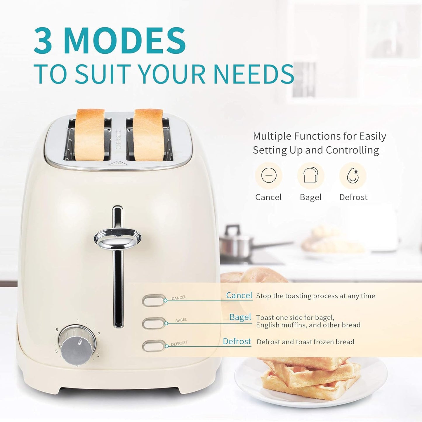 Ultrean Toaster 2 Slice with Extra-Wide Slot for Toasting Bagels, Breads, Waffles & More, Stainless Steel Material with Removable Crumb Tray, 6 Browning Settings