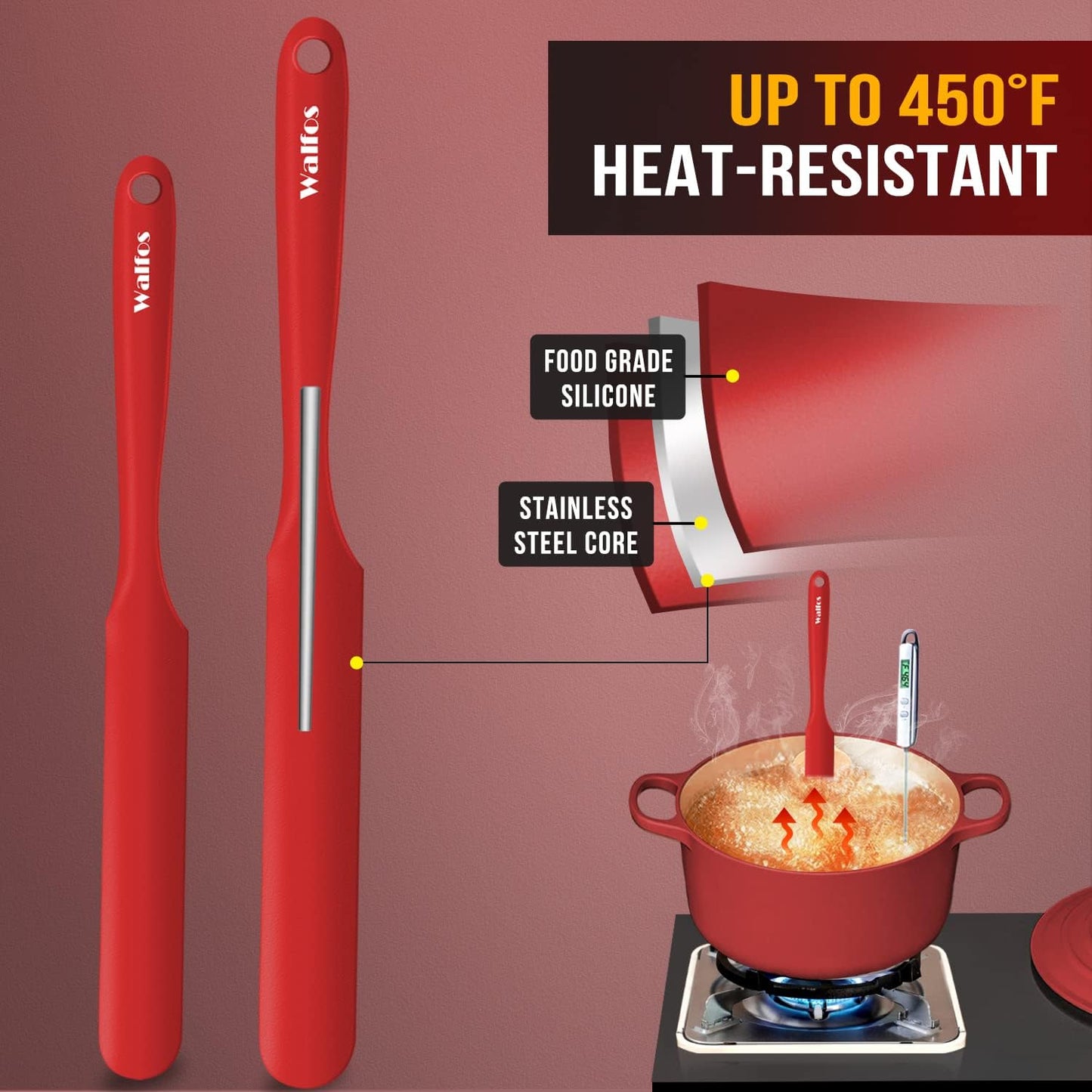 Walfos Silicone Jar Spatula - High Heat Resistant Kitchen Spatulas(450°F）,Cake Cream Butter Spatulas, for Cooking Mixing -BPA Free and Dishwasher Safe Mixing Batter Scraper Spatula, Red(2pcs)