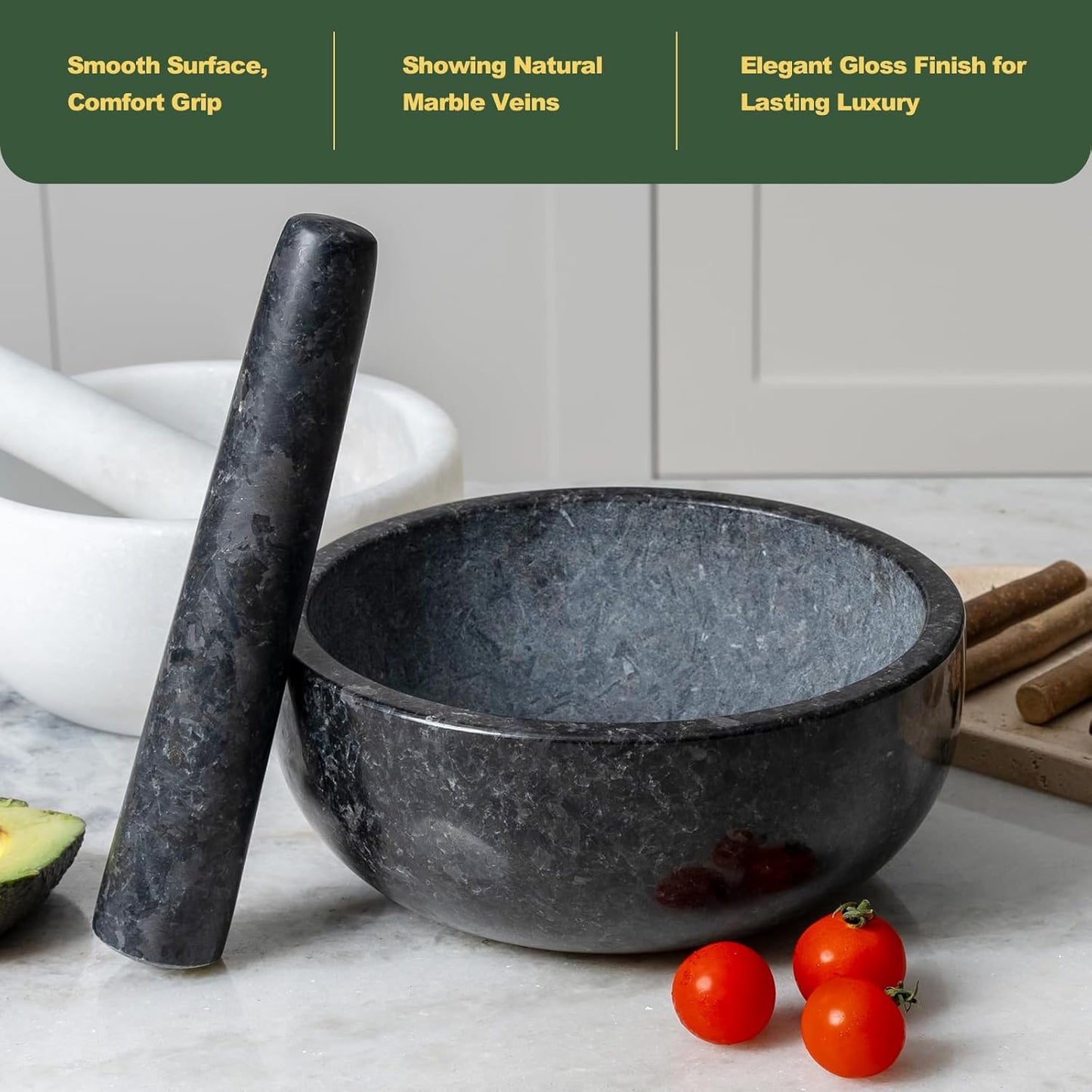 Koville Granite Mortar and Pestle Set, 8" Extra Large Grinder Bowl for Guacamole, Salsa, Pill Crusher, Spice, Herb, Garlic, Nut, Heavy Duty Grinder for Kitchen