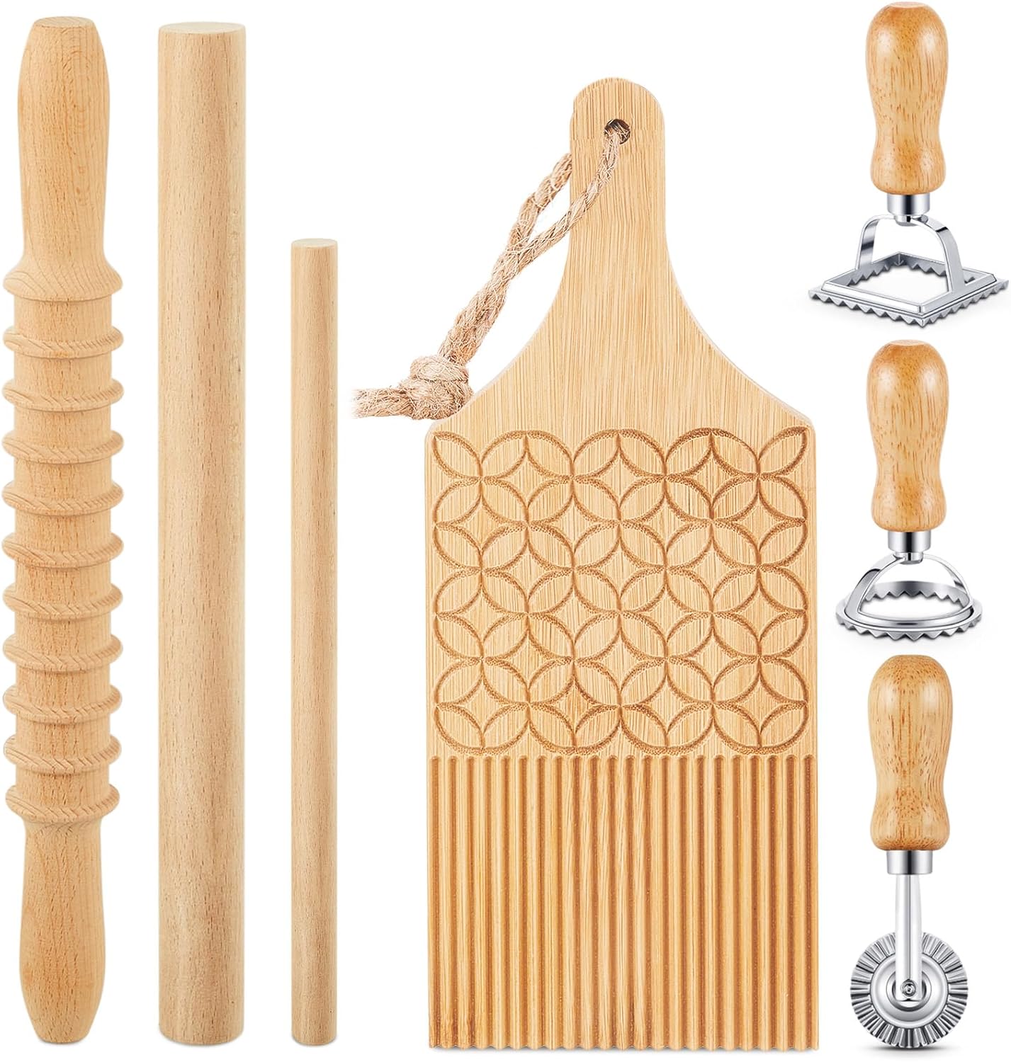 Tioncy 7 Pcs Gnocchi Pasta Making Tool, Wood Gnocchi Board with Ravioli Stamp and Rolling Pin Set Homemade Kitchen Gift for Baking Lovers(Dumpling Style)